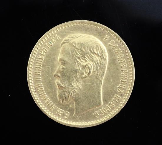 A Russian Nicholas II five rouble gold coin, 1904 4.3g, GVF